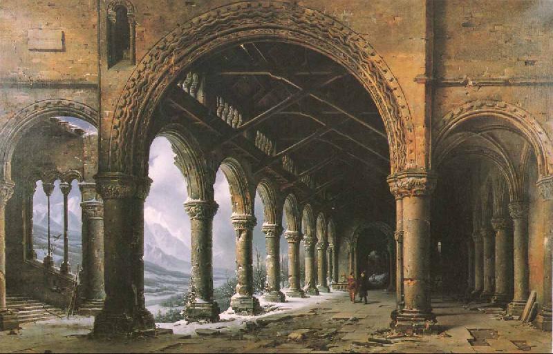 louis daguerre The Effect of Fog and Snow Seen through a Ruined Gothic Colonnade Norge oil painting art